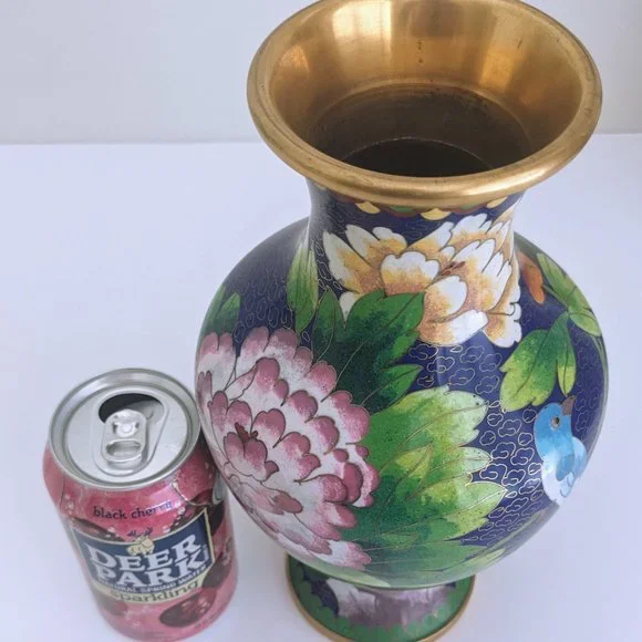 Vtg 10" Oriental Cloisonne Vase Blue Bird Dahlia Plum Royal Blue Asian Chinese - Picture 6 of 15